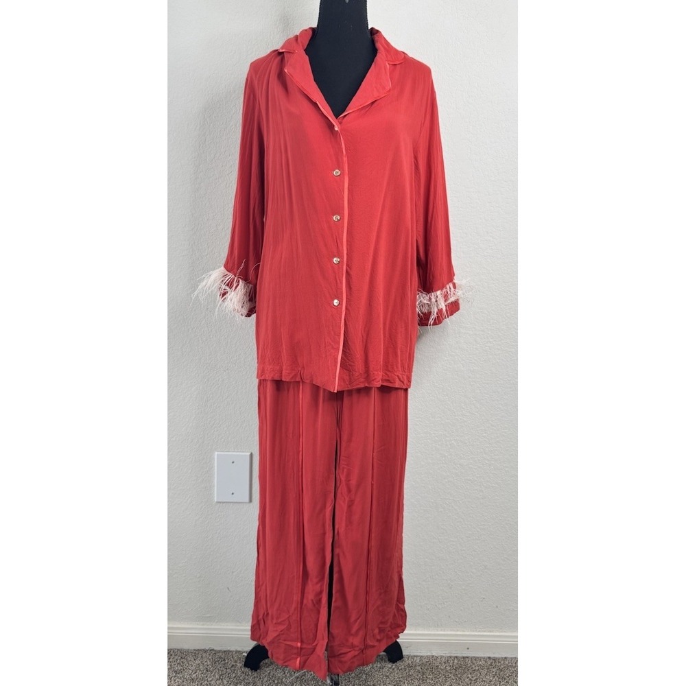 Sleeper Red Feather Trim Pajama Set Women's M Viscose Lounge Resort Quiet Luxury